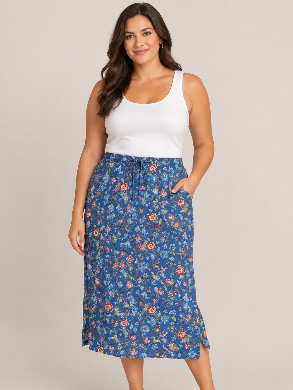 Vintage Crazy Horse By Liz Claiborne Blue Floral Drawstring Midi Skirt Size 12